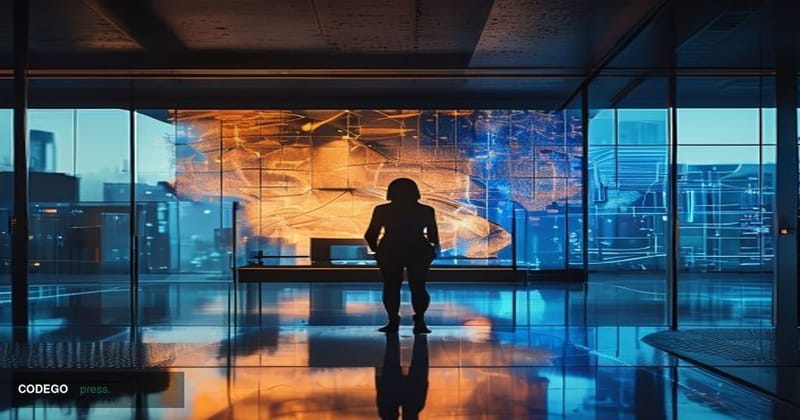 A dramatic cinematic editorial photograph set inside a sleek, modern AI research laboratory environment reminiscent of a San 