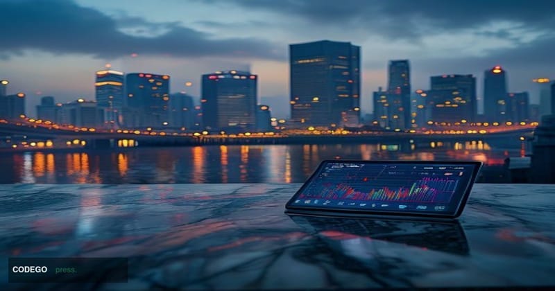 A dramatic cinematic editorial photograph set in Seoul's financial district, with the iconic Mirae Asset headquarters buildin