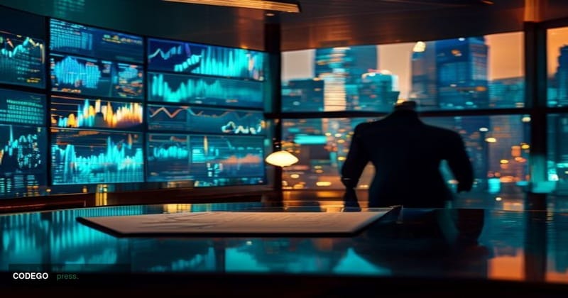 A cinematic editorial photograph set inside a sleek, modern financial trading floor environment with multiple high-resolution