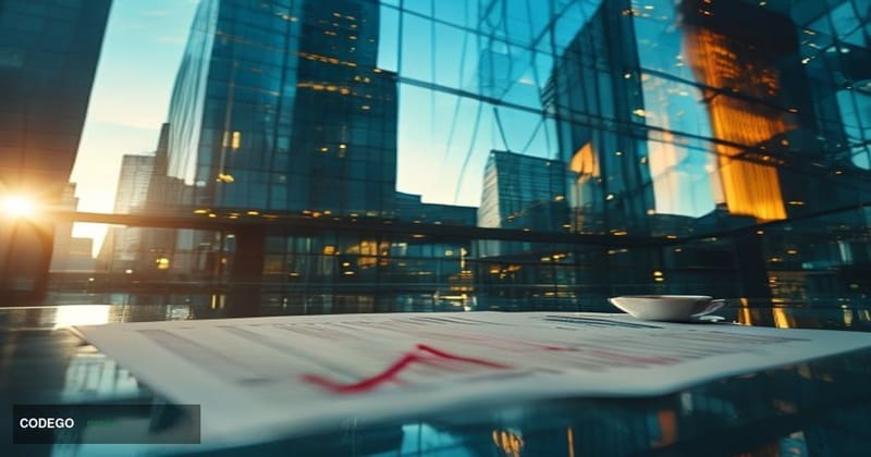 A cinematic editorial photograph capturing the exterior of a modern glass-and-steel financial district building in New York C