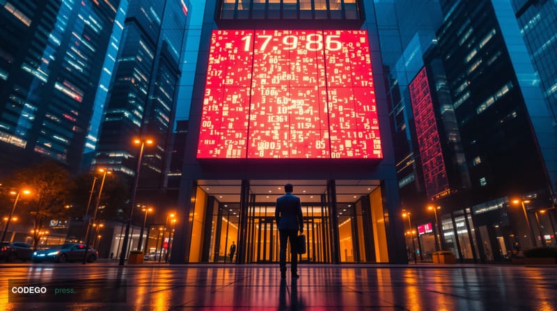 A cinematic editorial photograph set outside a modern Wall Street financial district building at dusk, with warm amber street