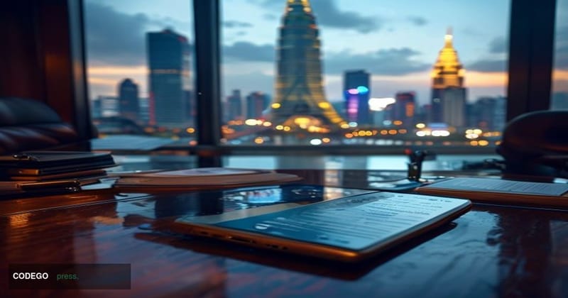 A cinematic editorial photograph set in Ho Chi Minh City, Vietnam, with the iconic Bitexco Financial Tower visible in the bac
