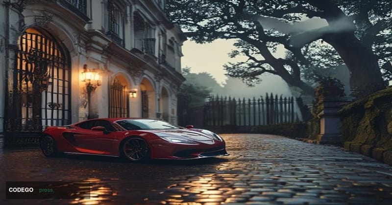 A cinematic editorial split-scene photograph shot from a low angle at dusk, warm amber light flooding the left half of the fr