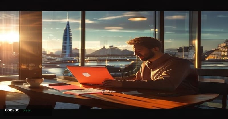 A cinematic editorial photograph set in a modern London co-working space, immediately recognizable by a floor-to-ceiling wind