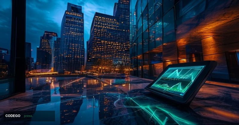 A cinematic editorial photograph of the ETrade and Morgan Stanley corporate presence in New York City's financial district, s