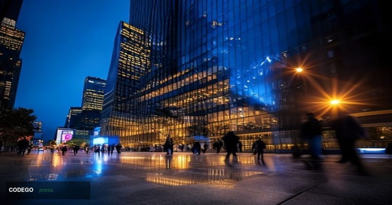 A cinematic editorial photograph of the Morgan Stanley headquarters tower in Midtown Manhattan, shot from a low angle at dusk