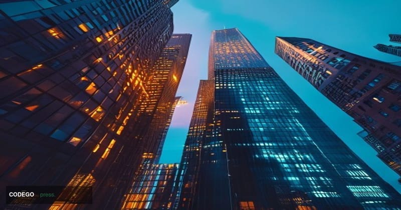 A photorealistic editorial photograph of Morgan Stanley's iconic Midtown Manhattan headquarters tower at dusk, shot from a lo