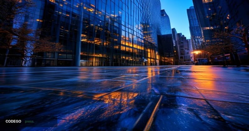 A cinematic editorial photograph of the Morgan Stanley headquarters building exterior in Midtown Manhattan, New York City, sh