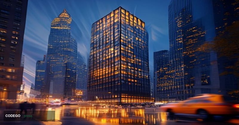 A photorealistic editorial photograph of the Morgan Stanley headquarters tower in Midtown Manhattan, New York City, captured 