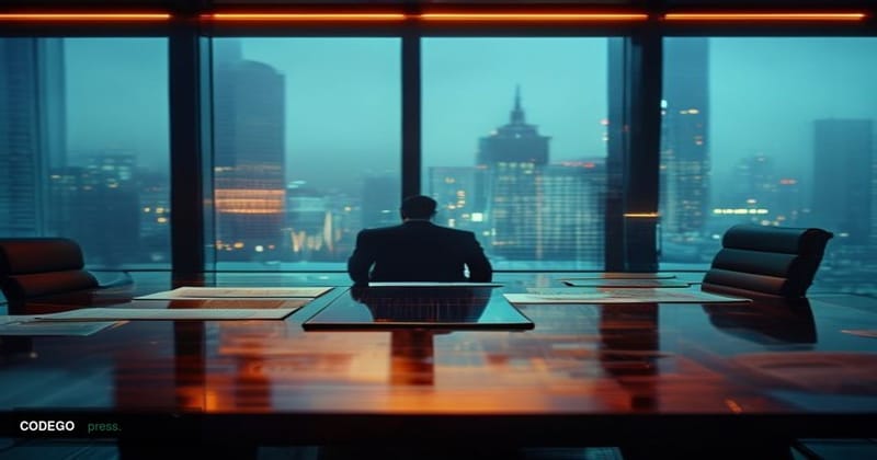 A cinematic editorial photograph set inside a stark, dimly lit corporate boardroom in a modern San Francisco tech office, wit