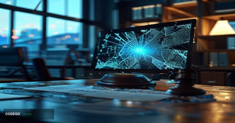 A dramatic close-up of a cracked digital screen displaying the Movement blockchain logo fracturing apart, set inside a dimly 
