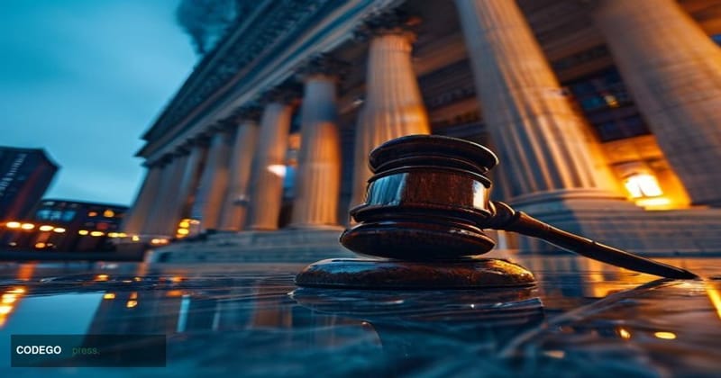 A cinematic editorial photograph taken from a low-angle perspective looking up at a grand federal courthouse facade, its impo