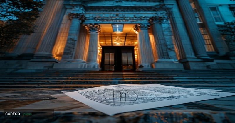 A cinematic editorial photograph taken at ground level looking up at the entrance of the US Bankruptcy Court building in Wilm