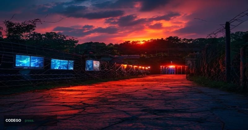 A cinematic editorial photograph set along the Myanmar-Thailand border region at dusk, showing a heavily fortified compound s