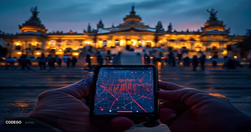 A cinematic editorial photograph set at the Myanmar Parliament building in Naypyidaw, shot from a low angle at dusk with dram