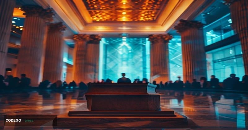 A cinematic editorial photograph set inside a grand European central banking hall in Frankfurt, Germany, evoking the classica