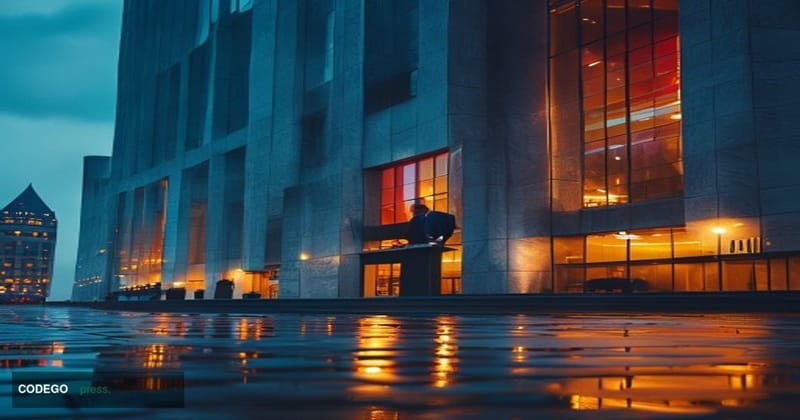 A dramatic cinematic editorial photograph centered on the Deutsche Bundesbank headquarters in Frankfurt am Main, its imposing