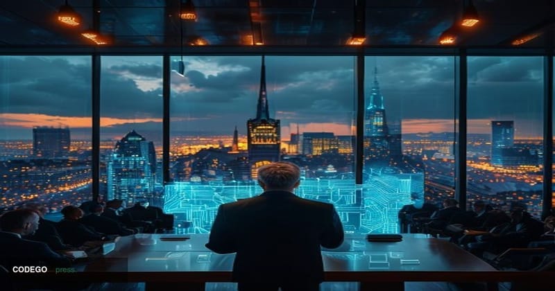 A cinematic editorial photograph set in Frankfurt am Main's financial district at dusk, with the illuminated skyline of the B