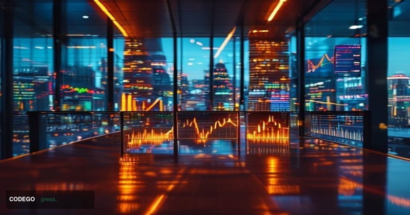 A dramatic cinematic editorial photograph set inside a sleek, glass-walled trading floor modeled on Nasdaq's Times Square hea