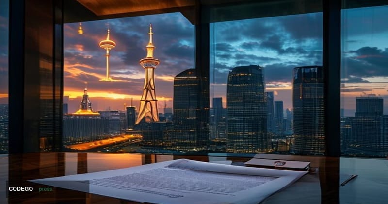 A cinematic editorial photograph set at the modern Nur-Sultan (Astana) skyline in Kazakhstan, featuring the iconic Baiterek T