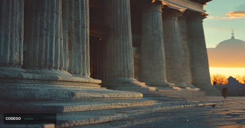 A photorealistic cinematic editorial photograph of the imposing neoclassical facade of the Federal Reserve Building in Washin