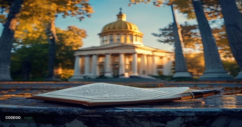 A photorealistic cinematic editorial photograph of the New Hampshire State House in Concord, its golden dome catching warm la