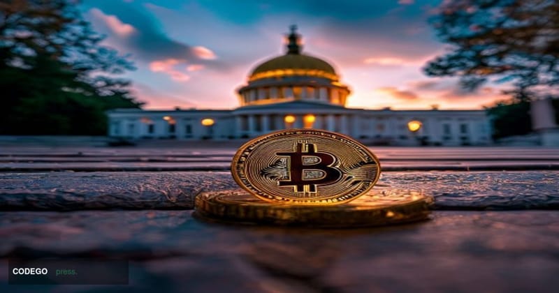 A photorealistic 8K editorial photograph of the New Hampshire State House in Concord, captured at dusk with warm golden light