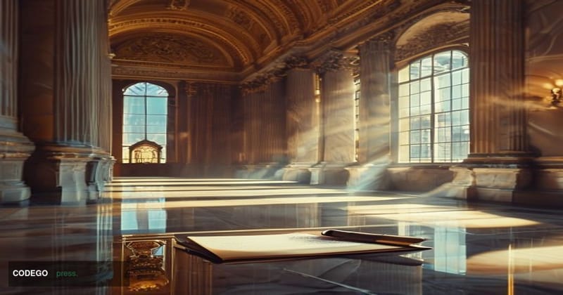 A cinematic editorial photograph set inside a grand neoclassical courthouse corridor in New York City, modeled on the interio