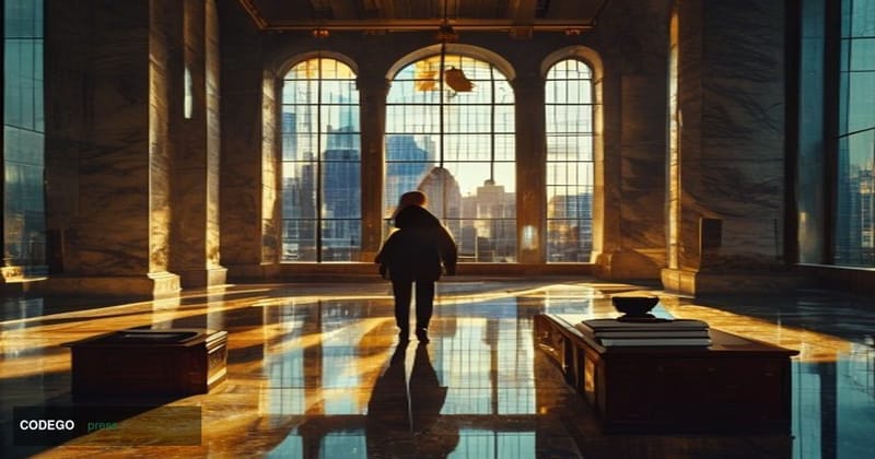 A cinematic editorial photograph set inside the imposing marble corridors of the New York State Attorney General's office in 