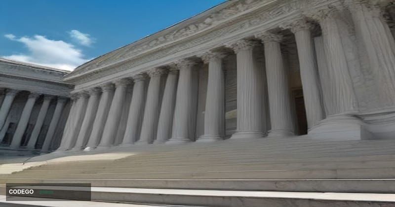 A cinematic editorial photograph of the New York Supreme Court building in Manhattan, shot from a low-angle perspective looki