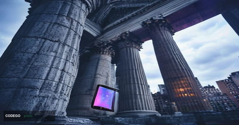 A dramatic courtroom-adjacent exterior scene set in lower Manhattan, New York City, with the recognizable neoclassical stone 