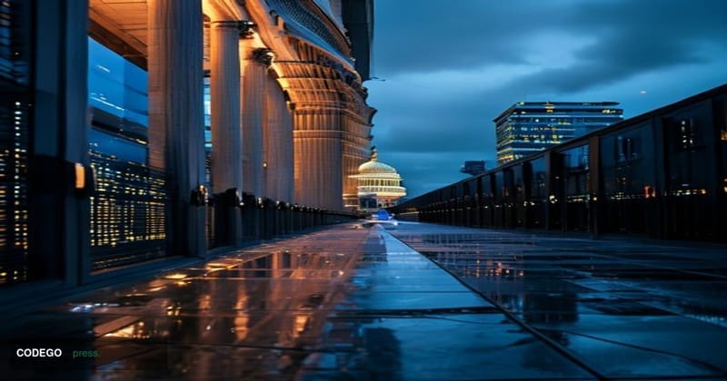 A cinematic editorial photograph taken at dusk from street level looking up at a monolithic New York State government buildin