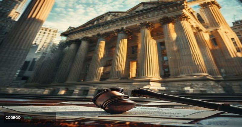 A dramatic wide-angle exterior shot of the New York State Supreme Court building in Lower Manhattan, its neoclassical columns