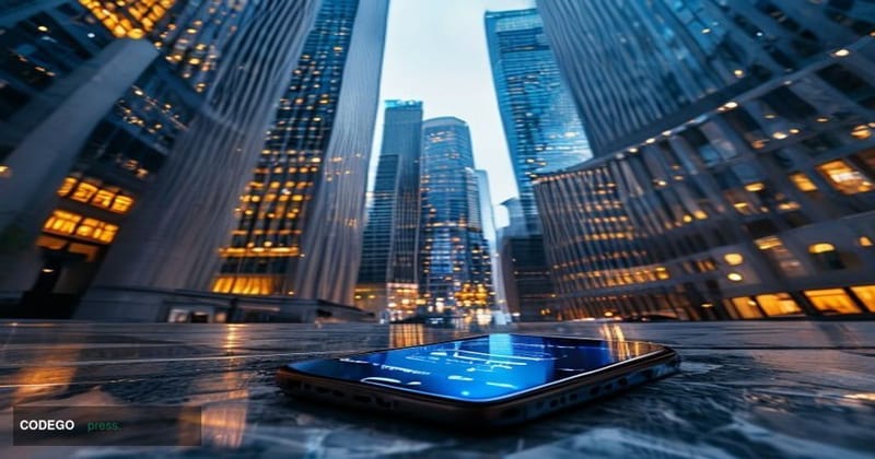 A cinematic editorial photograph shot from a low angle looking up at the glass-and-steel facades of three converging financia