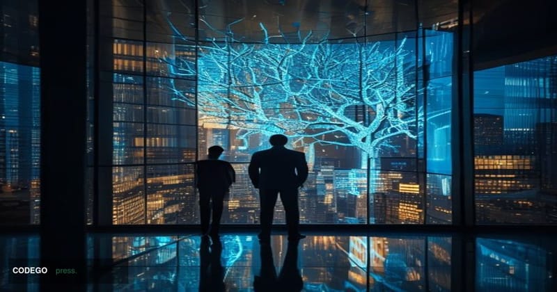A cinematic editorial photograph taken from a low angle inside a sleek, glass-walled financial district tower, looking upward