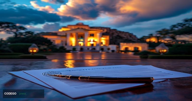 A cinematic editorial photograph taken at low angle looking up at Nigeria's Aso Rock Presidential Villa in Abuja, the distinc