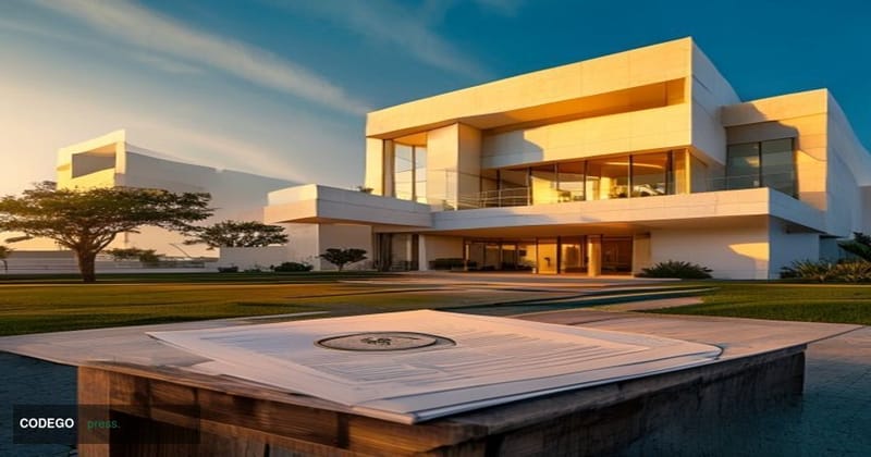 Cinematic editorial photograph of Aso Rock Presidential Villa in Abuja, Nigeria, shot at golden hour with warm amber light ca