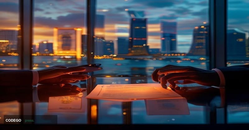 A cinematic editorial photograph set in Singapore's financial district, with the Marina Bay skyline visible through the floor
