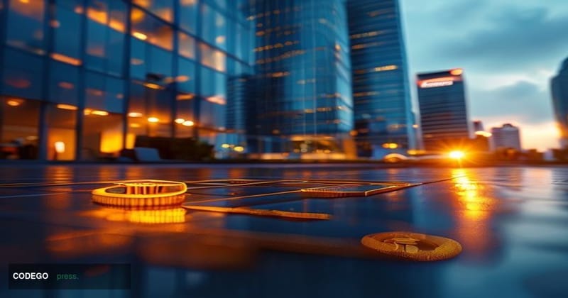 A cinematic editorial photograph of a modern financial technology headquarters in Singapore — Nium's home market — with a gla