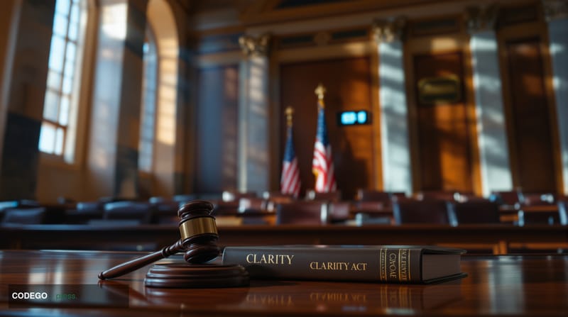A dramatic cinematic editorial photograph inside a grand marble-columned Senate hearing chamber, bathed in warm amber light s