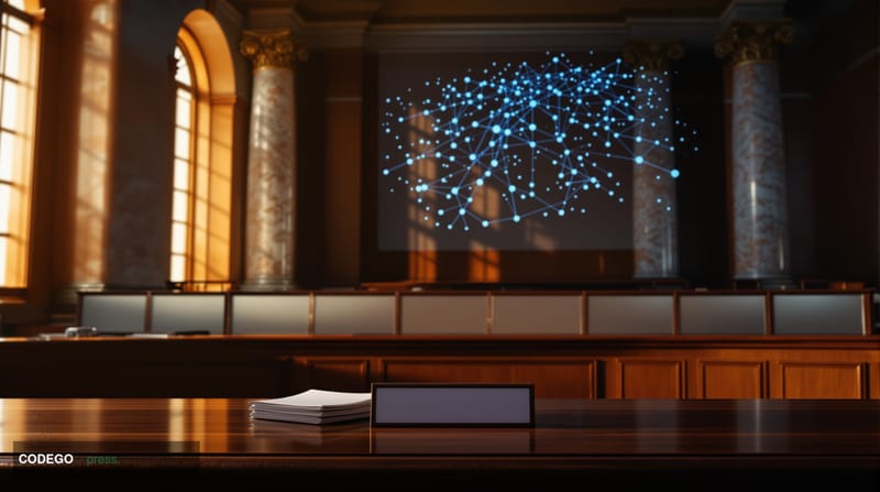 A dramatic photorealistic editorial photograph set inside a formal Washington D.C. legislative hearing room, with marble colu