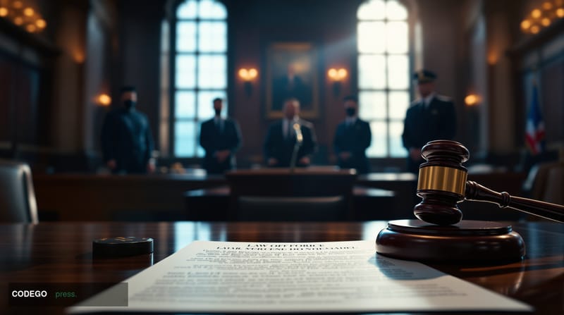 A cinematic editorial photograph set inside a formal law enforcement conference hall, where a polished mahogany podium bears 