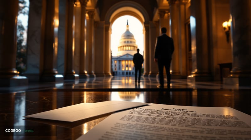 A cinematic editorial photograph set inside a stately federal Senate corridor in Washington D.C., featuring marble columns an
