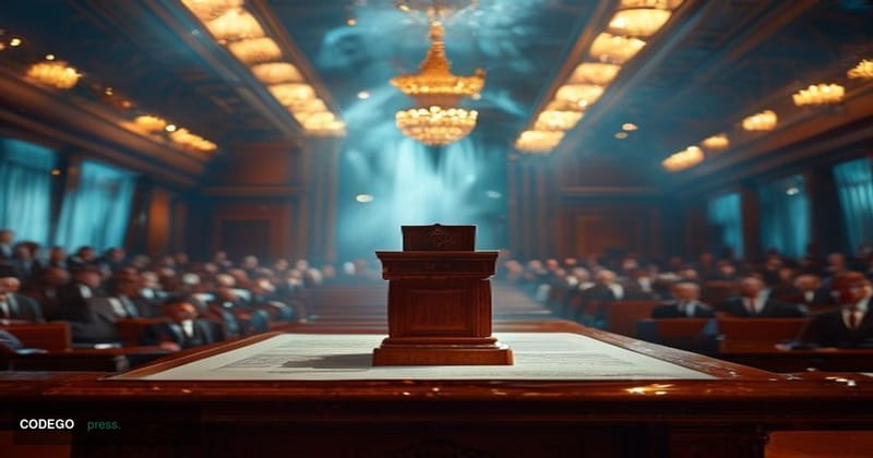 A cinematic editorial photograph set inside a formal law enforcement conference hall, where a polished mahogany podium bearin
