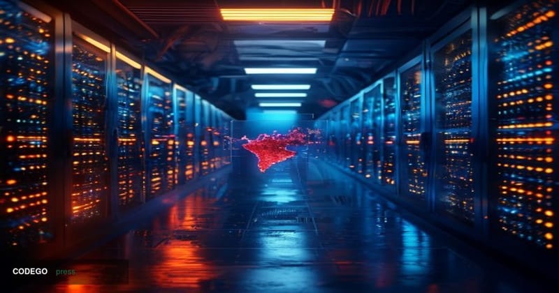 A dramatic cinematic editorial photograph depicting a dark, rain-slicked server room corridor with rows of glowing blue-lit h