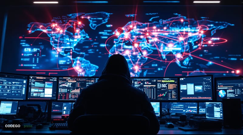 A cinematic editorial photograph set in a darkened, high-security digital operations center with multiple glowing monitors di