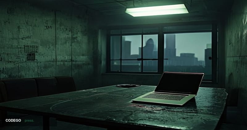 A dramatic cinematic editorial photograph set in a cold, dimly lit interrogation room interior evoking a North Korean state s