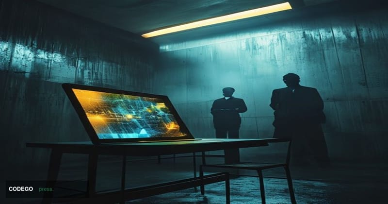 A cinematic editorial photograph set in a cold, dimly lit interrogation room with stark concrete walls reminiscent of a Pyong