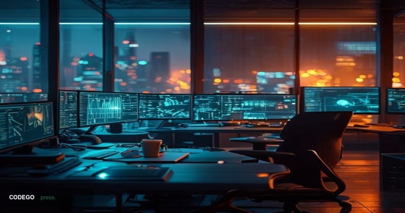 A dramatic cinematic editorial photograph shot from a low angle inside a darkened software development office at night, with 