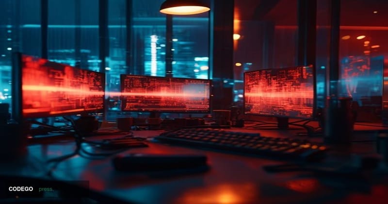 A cinematic editorial photograph set in a dimly lit corporate tech office at night, with glowing dual monitors displaying war